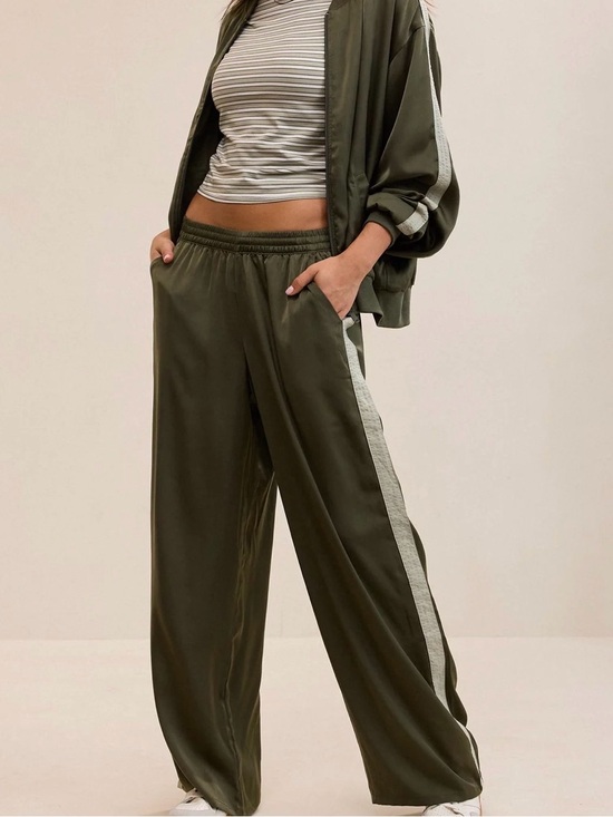 aerie Pants - aerie Olive Wide-Leg liquid satin Pants with Light Side Stripe